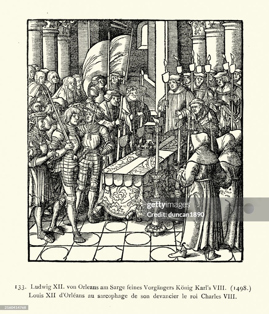 Medieval history, Louis XII of France at Tomb of Charles VIII 1496, German, 15th Century From the Weifskunig by Hans Burgkmair.