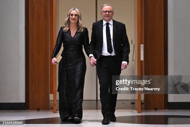 Prime Minister Anthony Albanese and partner Jodie Haydon arrive at the Midwinter Ball at Parliament House on July 03, 2024 in Canberra, Australia....