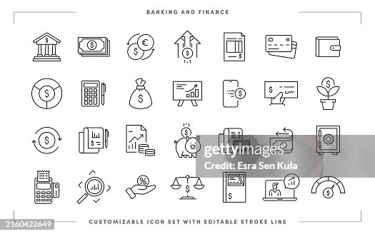 Banking and Finance Customizable Line Icon Set Banking and Finance Customizable Line Icon Set