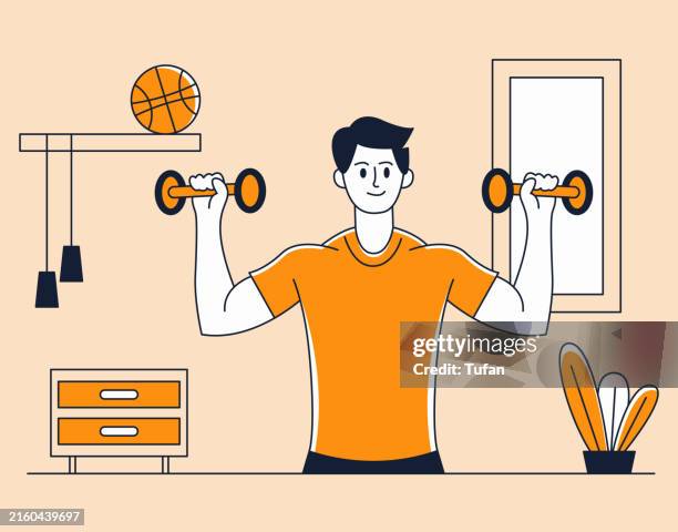 home workout flat illustration: mann hebt hanteln in einem gemütlichen raum - fitnessraum stock-grafiken, -clipart, -cartoons und -symbole