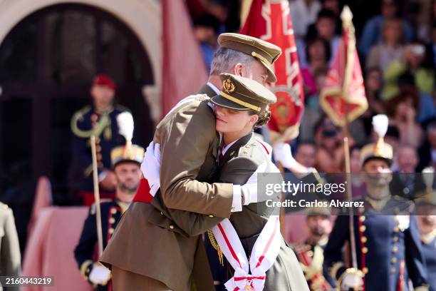 King Felipe VI of Spain and Crown Princess Leonor of Spain attend the delivery of Royal offices of employment at the Zaragoza Military Academy on...