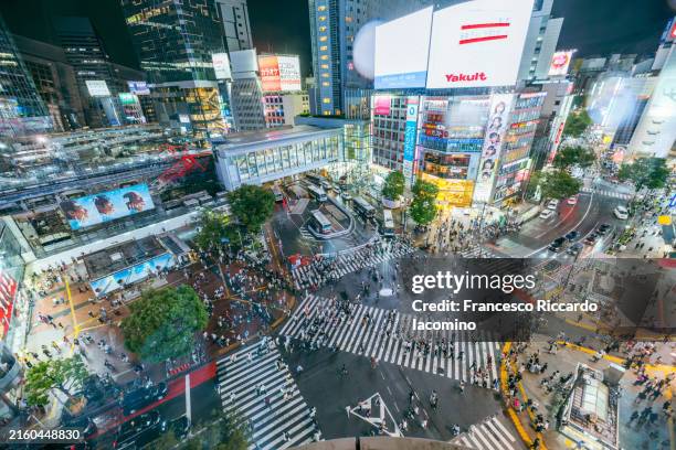 shibuya scramble crossing from above by night, tokyo - shibuya ward stock pictures, royalty-free photos & images