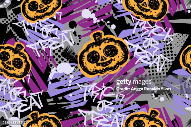 illustrations, cliparts, dessins animés et icônes de grunge graffiti citrouille halloween modèle sans couture - for sale petite phrase