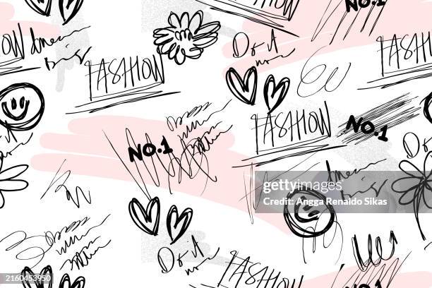 hand writing, scratch and doodle fashionable seamless pattern with soft pastel color brushes on white background - matching shirts stock illustrations