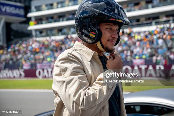 American football quarterback Patrick Mahomes prepares for a Pirelli Hot Laps ride in an Alpine prior to the F1 Grand Prix of Great Britain at...
