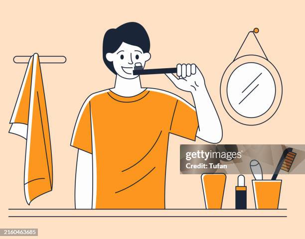 morning routine: brushing teeth for healthy oral care - man brush teeth stock illustrations