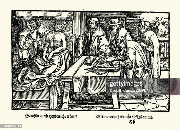 allegory, dying man having hi s will written for him by dishonest men, medieval, history, german woodcut, renaissance art, 15th century from the book of fortune by hans burgkmair. - inheritance stock illustrations