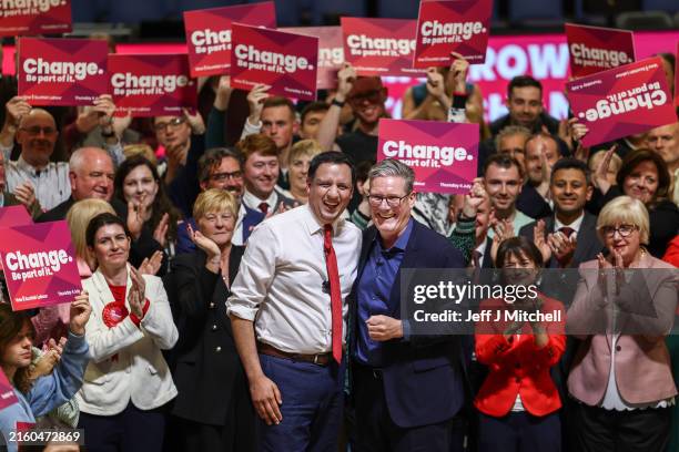 Leader of the Labour Party Keir Starmer and Scottish Labour leader Anas Sarwar hold an eve of poll event on July 03, 2024 in East Kilbride, Scotland....
