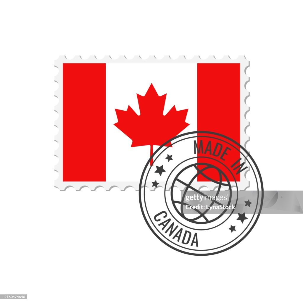 Made in Canada badge vector. Sticker with Canadian national flag. Ink stamp isolated on white background.