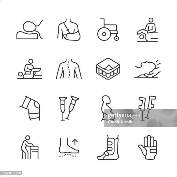 orthopedics - pixel perfect line icon set, editable stroke weight. - neck muscle pain illustration stock illustrations