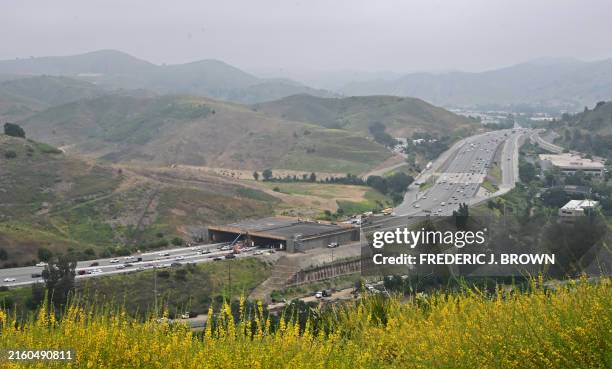 Construction continues at the Wallis Annenberg Wildlife Crossing, a vegetated overpass for wildlife over the 101 freeway in Agoura Hills, California...