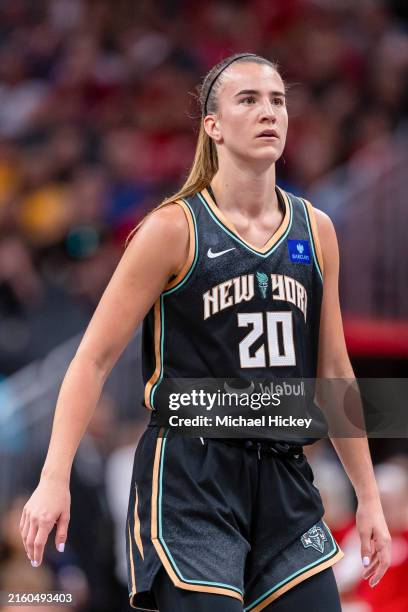 Sabrina Ionescu of the New York Liberty is seen during the game against the Indiana Fever at Gainbridge Fieldhouse on July 6, 2024 in Indianapolis,...