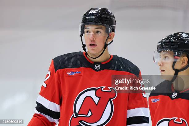 First-round draft pick Anton Silayev of the New Jersey Devils skates during New Jersey Devils Development Camp at the Prudential Center on July 3,...