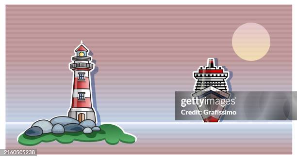 big modern cruise ship with lighthouse at dusk flat design illustration - lake reflection stock illustrations