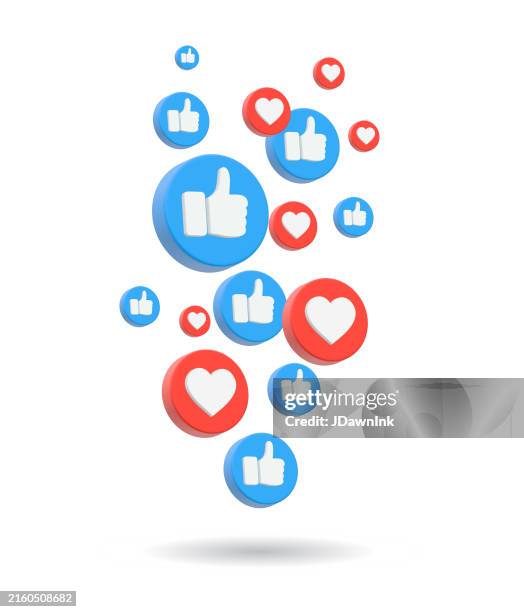 illustrazioni stock, clip art, cartoni animati e icone di tendenza di emoji di comunicazione sui social media 3d pollice in su mi piace e icone di cuori sfondo - tridimensionale