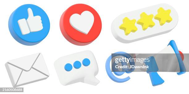 illustrazioni stock, clip art, cartoni animati e icone di tendenza di set di emoji di comunicazione sui social media 3d pollice in su, cuore, e-mail, feedback, bolla di messaggio, al simbolo e alle icone del megafono su sfondo bianco - tridimensionale