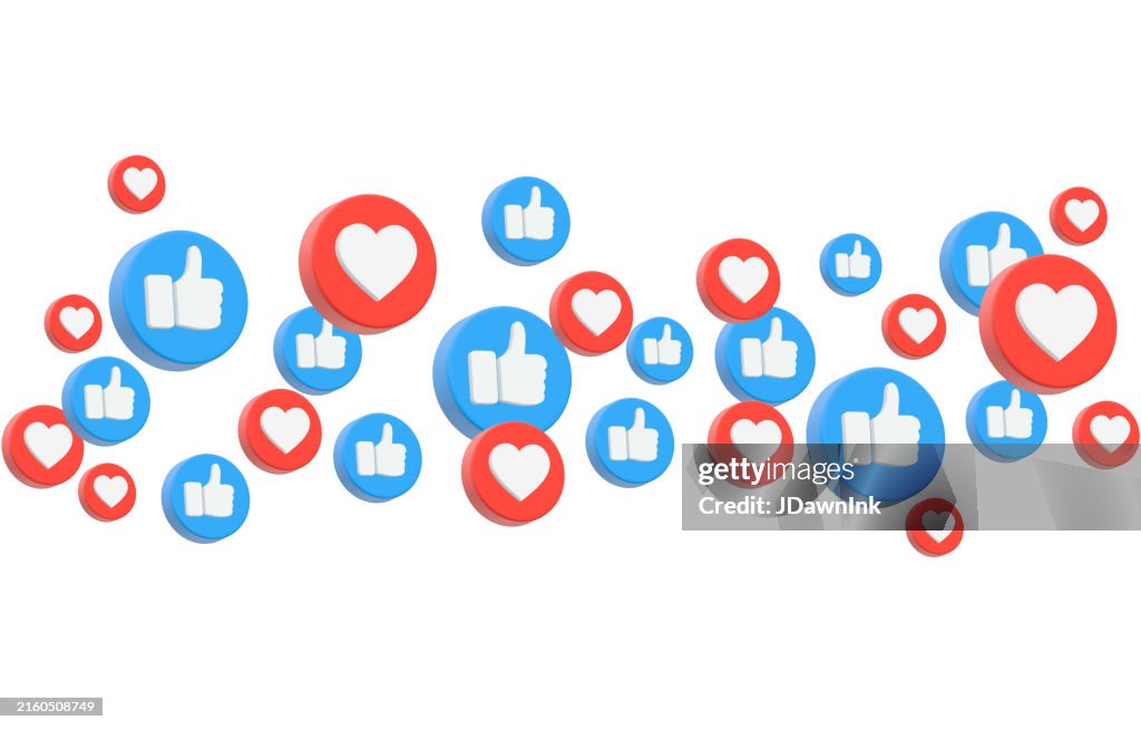 Emojis de comunicación en redes sociales en 3D pulgares hacia arriba Me gusta y fondo de iconos de corazones