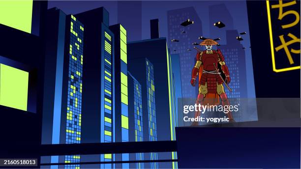 vector cyberpunk ronin ninja samurai in a futuristic city setting - plaster head stock illustrations