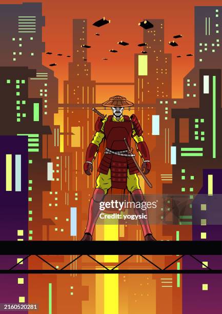 vector cyberpunk ronin ninja samurai in a futuristic city setting - plaster head stock illustrations