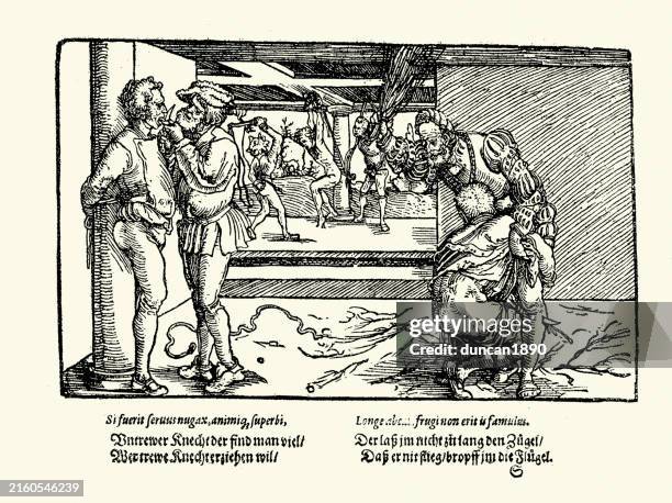allegory, man being whipped, torture, medieval history, german woodcut, renaissance art, 15th century from the book of fortune by hans burgkmair. - corporal punishment stock illustrations