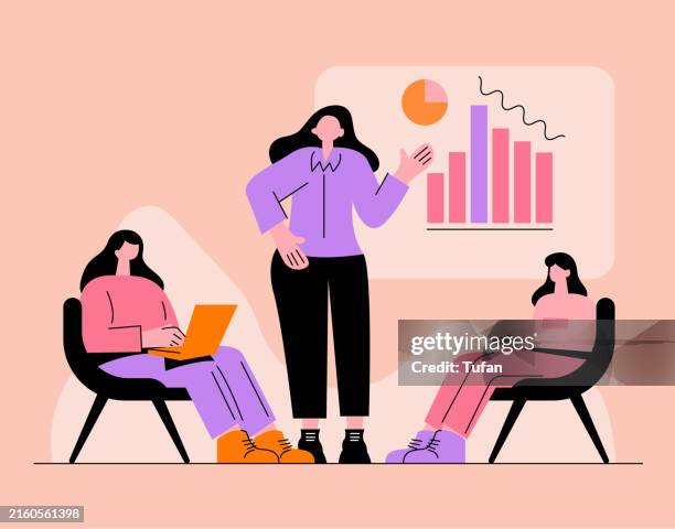 investor pitch presentation flat illustration, team discussing business growth - marketing cartoon stock illustrations