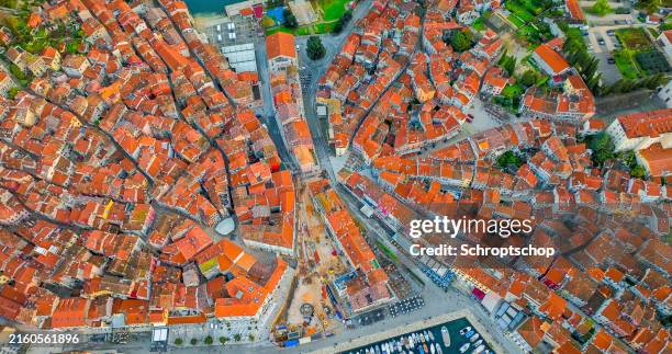 aerial view of rovinj old town, istria, croatia - distrito histórico imagens e fotografias de stock