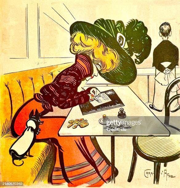 blonde young female beauty with a huge green hat sits in a paris café writing a letter, lap dog on the left and the waiter standing in the right background - caricature stock illustrations