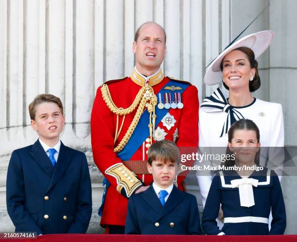 Prince George of Wales, Prince William, Prince of Wales , Prince Louis of Wales, Princess Charlotte of Wales and Catherine, Princess of Wales watch...