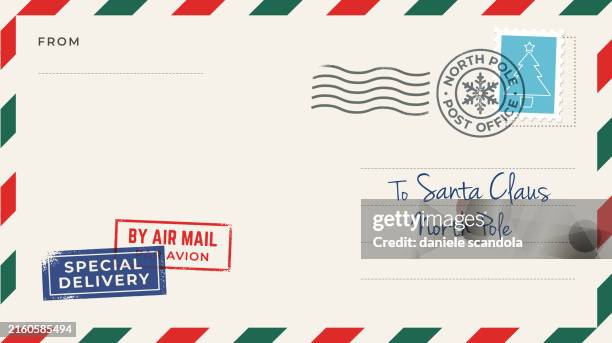 ilustrações de stock, clip art, desenhos animados e ícones de blank christmas mail envelope to santa claus with postage stamp. - cartão postal