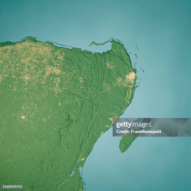 riviera maya satellite topographic map 3d render color - quintana roo stock pictures, royalty-free photos & images
