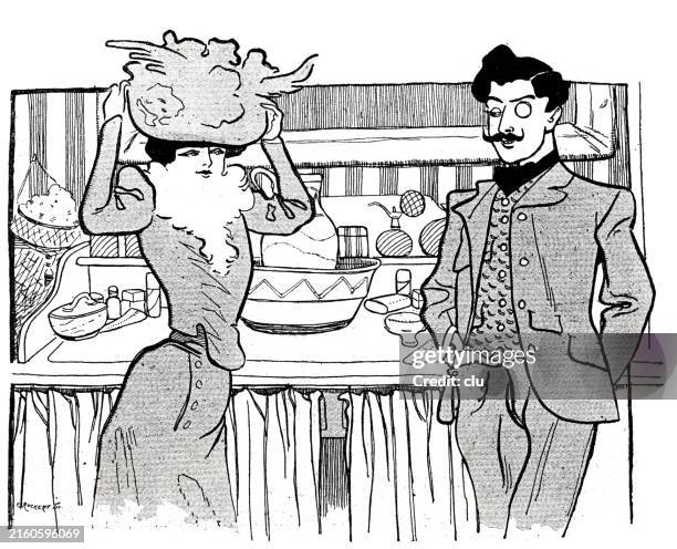 elegant man with monocle standing at the dressing table of a vaudeville and chatting with a dancer - vaudeville dancers stock illustrations