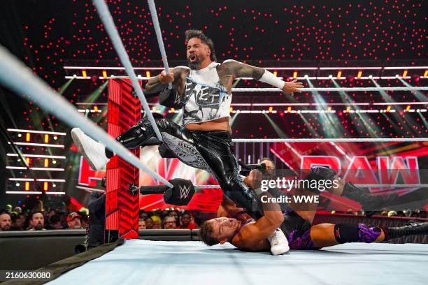 Jey Uso and Chad Gable in action during Monday Night RAW at Canadian Tire Centre on July 8, 2024 in Ottawa, Ontario.