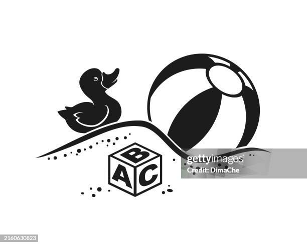 toys in sandbox, toy duck, game beach ball and cube with abc letters in sand - cut out vector outline silhouette - dodging stock illustrations