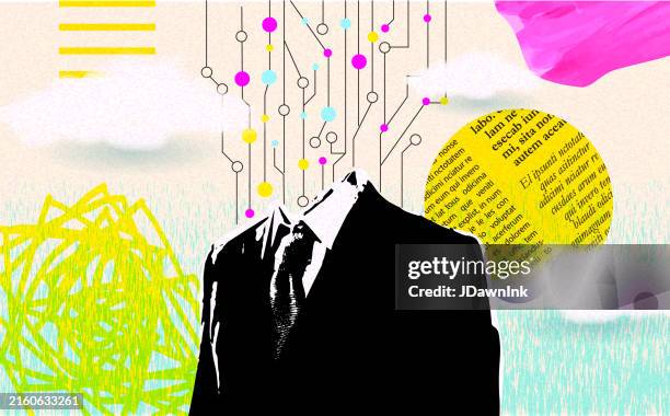 ilustraciones, imágenes clip art, dibujos animados e iconos de stock de concepto de negocio de inteligencia artificial en estilo de collage retro con hombre de negocios en traje - inteligencia artificial