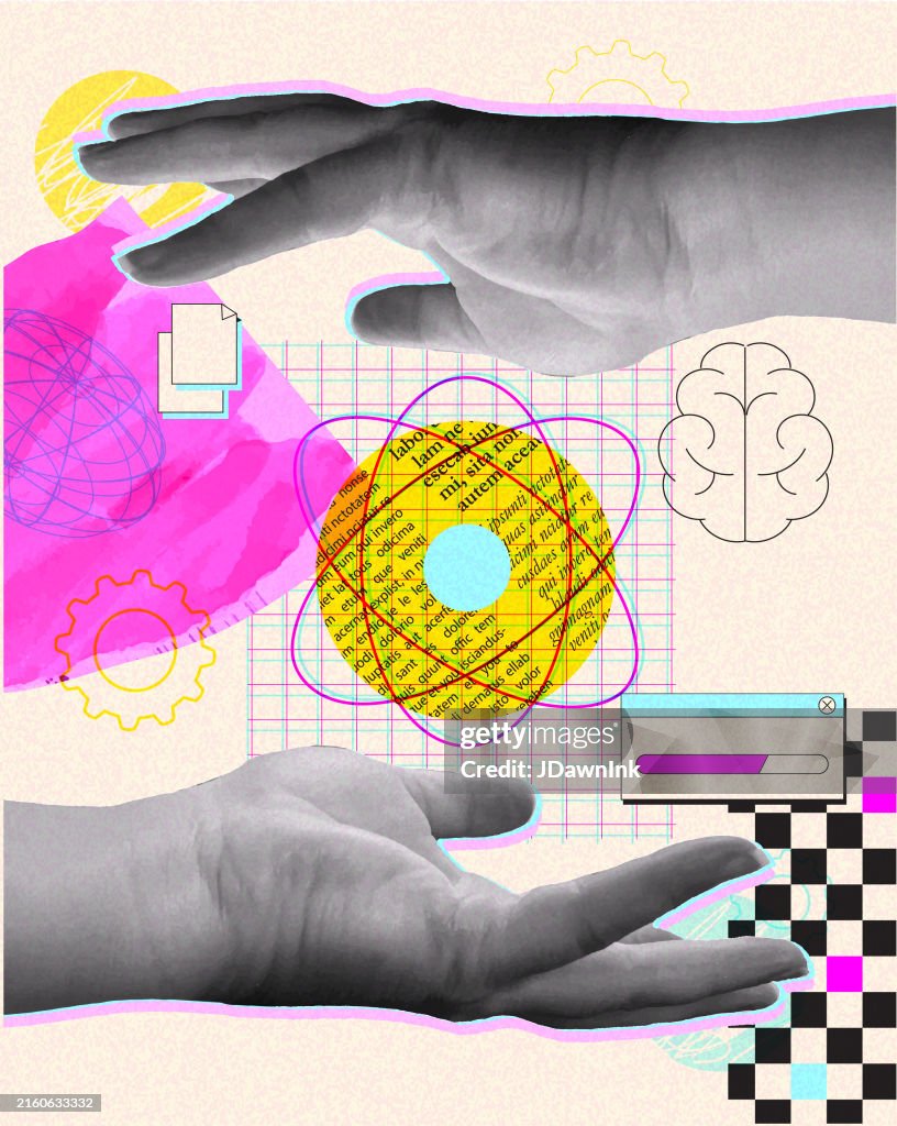 Geschäftskonzept mit künstlicher Intelligenz im Retro-Collage-Stil mit menschlichen Händen, die mit Desktop-Symbolen gestikulieren