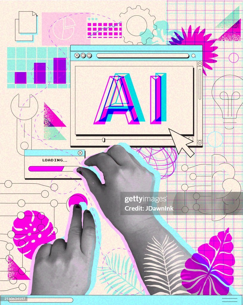 Artificial intelligence business concept in retro collage style with human hands working with desktop icons