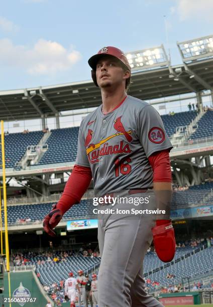 July 08: St. Louis Cardinals second baseman Nolan Gorman returns to the dugout after scoring during the St. Louis Cardinals versus the Washington...
