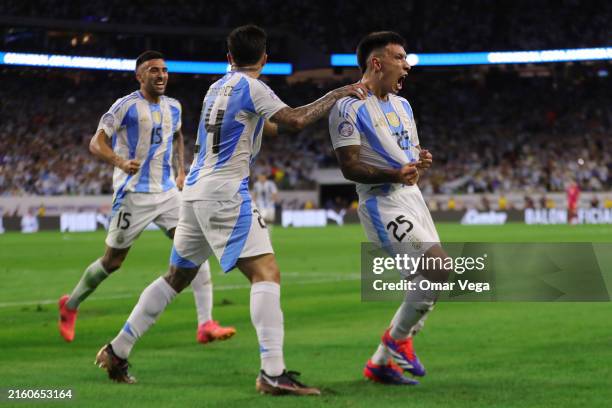 Lisandro Martinez of Argentina celebrates after scoring the team's first goal during the CONMEBOL Copa America 2024 quarter-final match between...