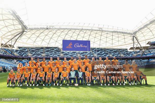 The Australian Wallabies and Wallaroos pose for a combined team photo following the Wallabies Captain's Run at Allianz Stadium on July 05, 2024 in...