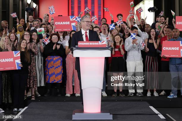 Labour Leader Keir Starmer celebrates winning the 2024 General Election with a speech at Tate Modern on July 05, 2024 in London, England. Labour is...