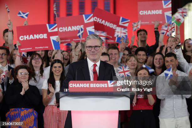 Labour Leader Keir Starmer celebrates winning the 2024 General Election with a speech at Tate Modern on July 05, 2024 in London, England. Labour is...