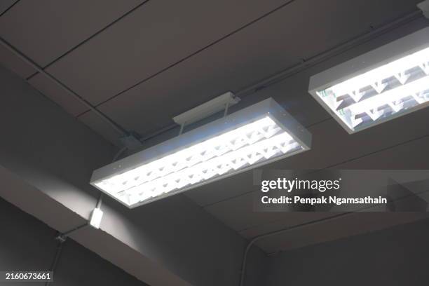 fluorescent lighting on ceiling - luce fluorescente foto e immagini stock