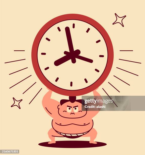 a sumo wrestler crouching, arms raised, presents a big clock of time - time out signal stock illustrations