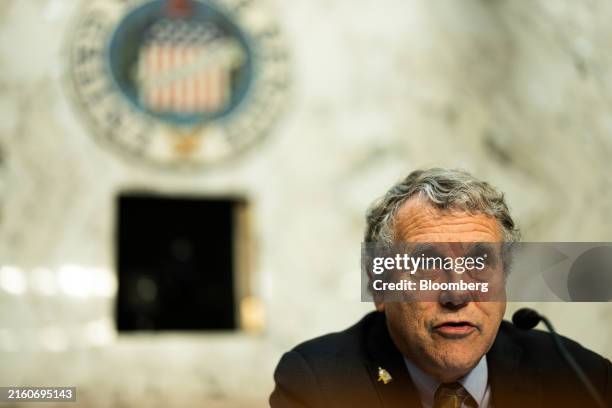 Senator Sherrod Brown, a Democrat from Ohio and chairman of the Senate Banking, Housing, and Urban Affairs Committee, speaks during a hearing in...