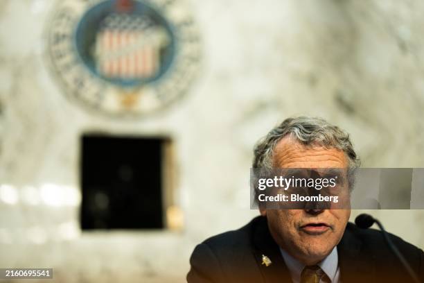 Senator Sherrod Brown, a Democrat from Ohio and chairman of the Senate Banking, Housing, and Urban Affairs Committee, speaks during a hearing in...
