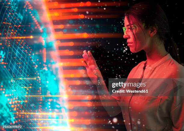 bildbanksillustrationer, clip art samt tecknat material och ikoner med young scientist discovering solution through ai technology - virtuell verklighet