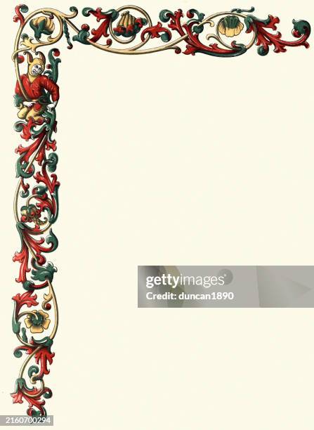 medieval ornate border design element, jester, 15th century - frame border color stock illustrations
