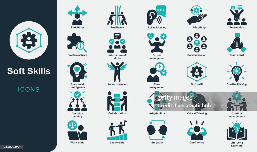 Colección de iconos sólidos de Soft Skills. Confianza, Comunicación, Espíritu de equipo, Asertividad, Empatía, Adaptabilidad, Inteligencia emocional, Liderazgo, Gestión del tiempo, Pensamiento creativo, Resolución de problemas