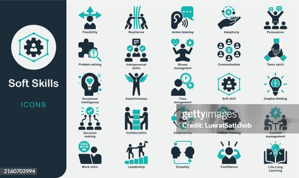 ilustrações de stock, clip art, desenhos animados e ícones de soft skills solid icons collection.confidence, communication, team spirit, assertiveness, empathy, adaptability, emotional intelligence, leadership, time mangement, creative thinking, problem solving - competência