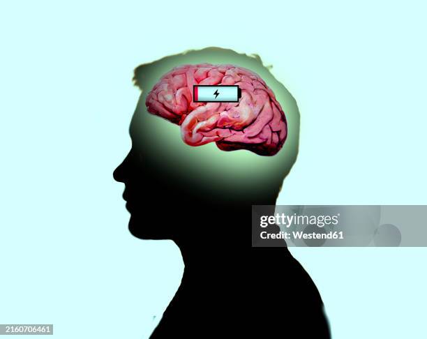 illustration concept of man with low battery in brain - depression brain stock illustrations